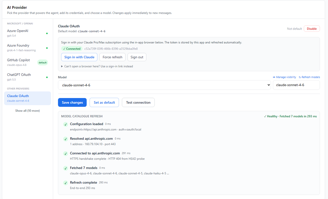 AI provider administration screen