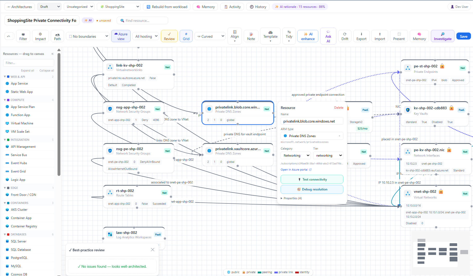 Architecture designer showing a workload diagram and editing controls