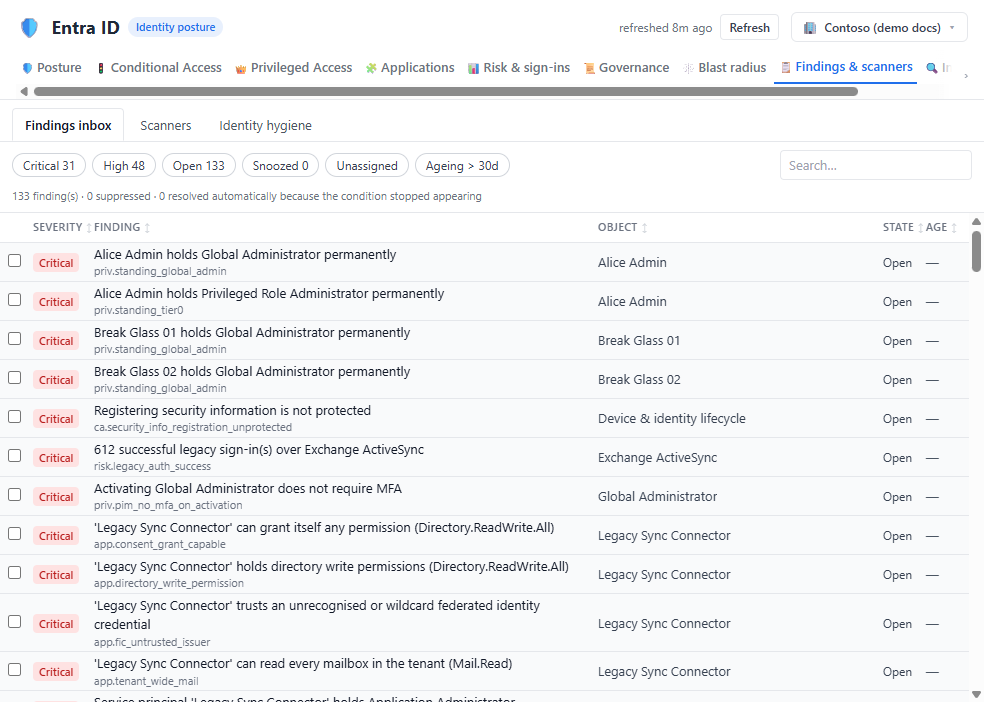 Entra ID findings inbox, the entry point for the identity hygiene review