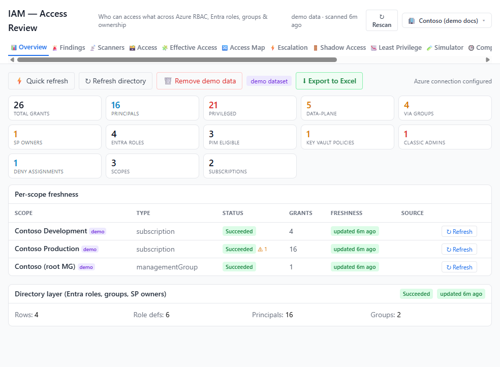 IAM access review overview showing grant, principal and privileged counts with per-scope freshness