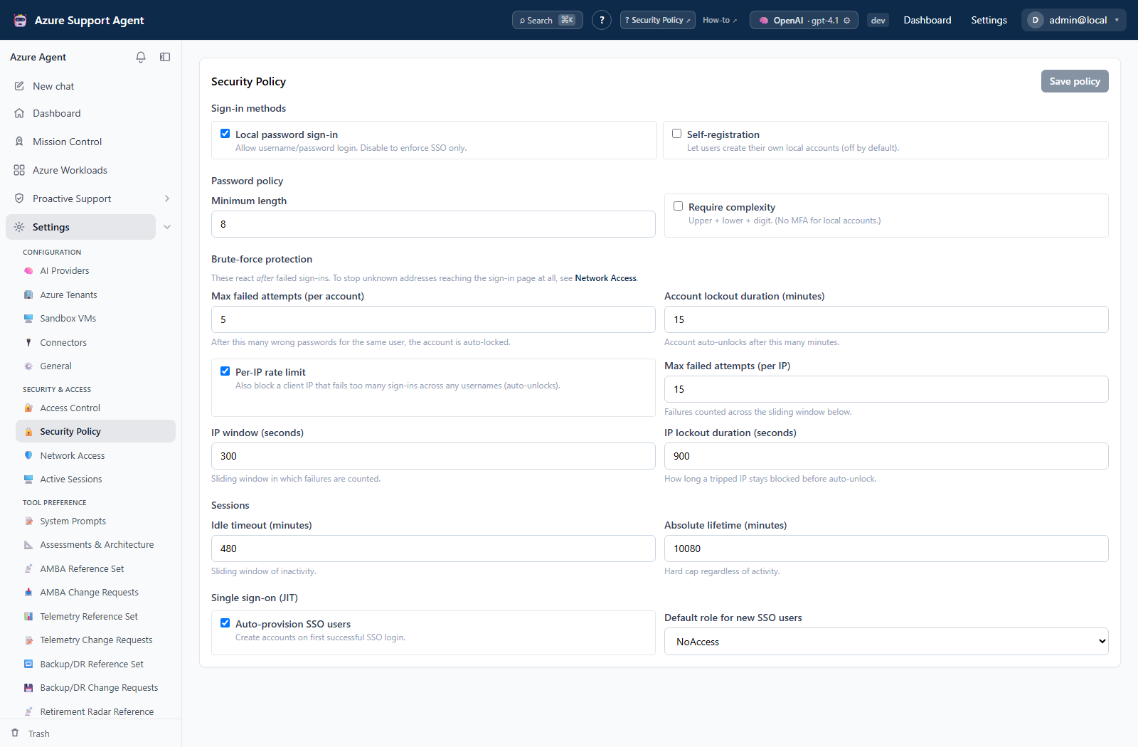 Security Policy — sign-in, lockout, session, and provisioning controls