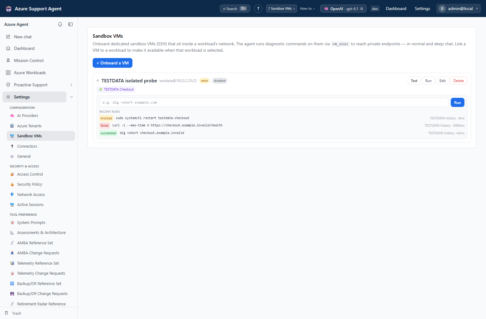 Sandbox Recent runs — compare feature history with audit events